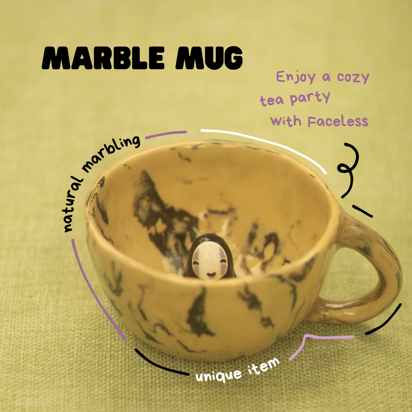 [Pre-order] Marble Handmade Ceramic Mug With Faceless Inside, Handbuilt Pottery, Cute Gift For Anime Fan, Unique Birthday Gift, Adorable Valentine Gift | Totto Pottery