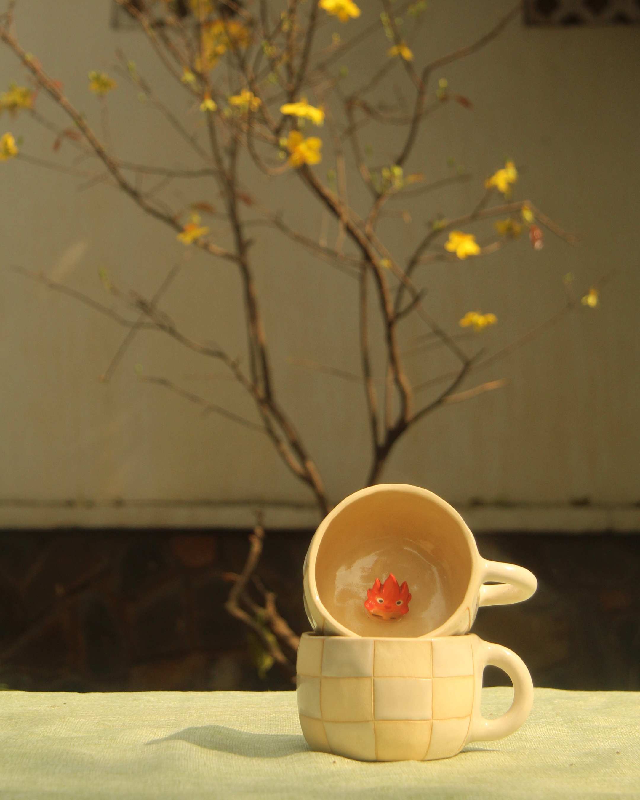 [Pre-order] Fire Demon Handmade Ceramic Checkered Mug, Handbuilt Pottery, Cute Gift For Anime Fan, Unique Birthday Gift, Adorable Valentine Gift | Totto Pottery