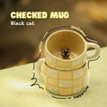 [Pre-order] Black Cat Handmade Ceramic Checkered Mug, Handbuilt Pottery, Cute Gift For Anime Fan, Unique Birthday Gift, Adorable Valentine Gift | Totto Pottery