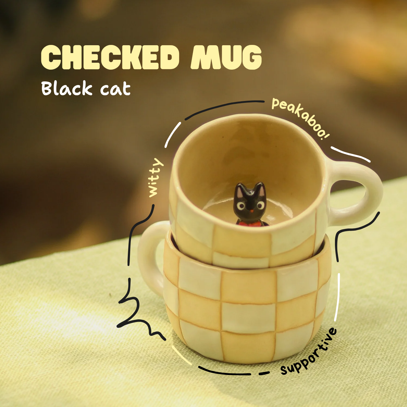 [Pre-order] Black Cat Handmade Ceramic Checkered Mug, Handbuilt Pottery, Cute Gift For Anime Fan, Unique Birthday Gift, Adorable Valentine Gift | Totto Pottery