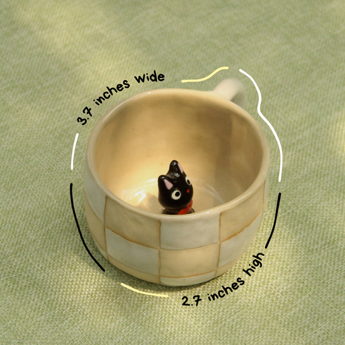 [Pre-order] Black Cat Handmade Ceramic Checkered Mug, Handbuilt Pottery, Cute Gift For Anime Fan, Unique Birthday Gift, Adorable Valentine Gift | Totto Pottery