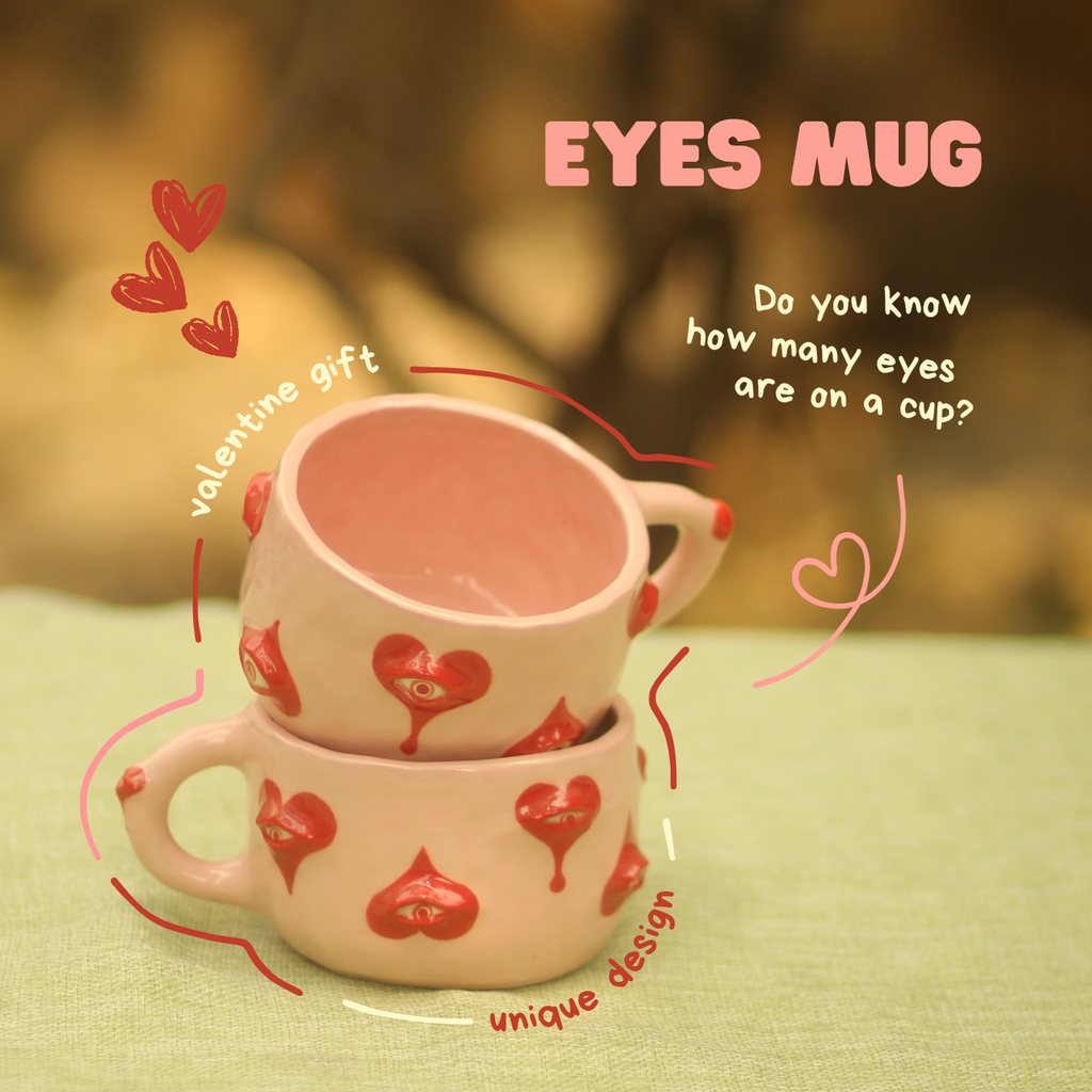 [Pre-order] Eyes Handmade Ceramic Handle Mug With Coaster, Handbuilt Pottery, Cute Gift For Anime Fan, Unique Birthday Gift, Adorable Valentine Gift | Totto Pottery
