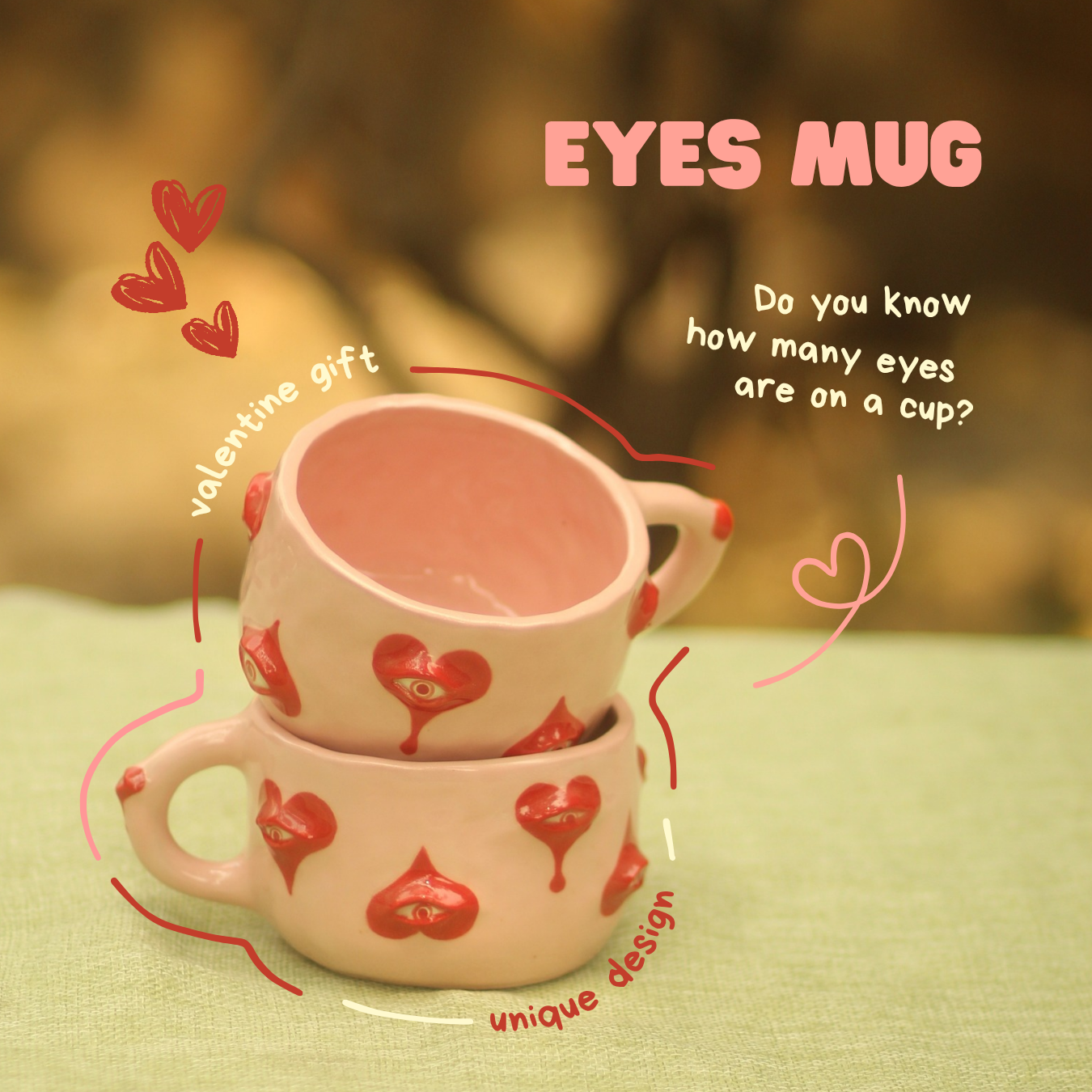 [Pre-order] Eyes Handmade Ceramic Handle Mug With Coaster, Handbuilt Pottery, Cute Gift For Anime Fan, Unique Birthday Gift, Adorable Valentine Gift | Totto Pottery