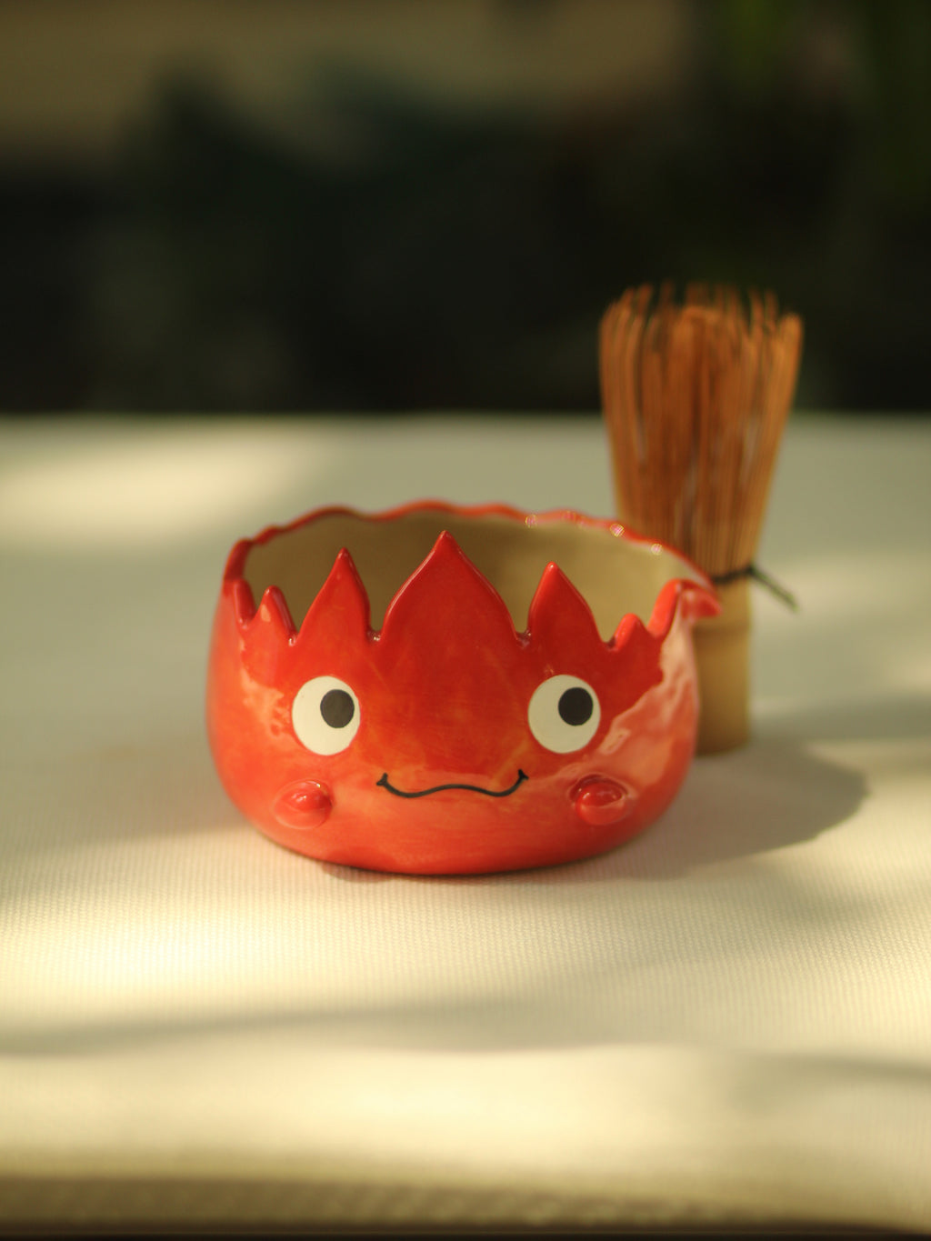 [Pre-order] Set Fire Demon Handmade Ceramic Matcha Bowl, Handbuilt Pottery, Cute Gift For Anime Fan, Unique Birthday Gift, Adorable Valentine Gift | Totto Pottery