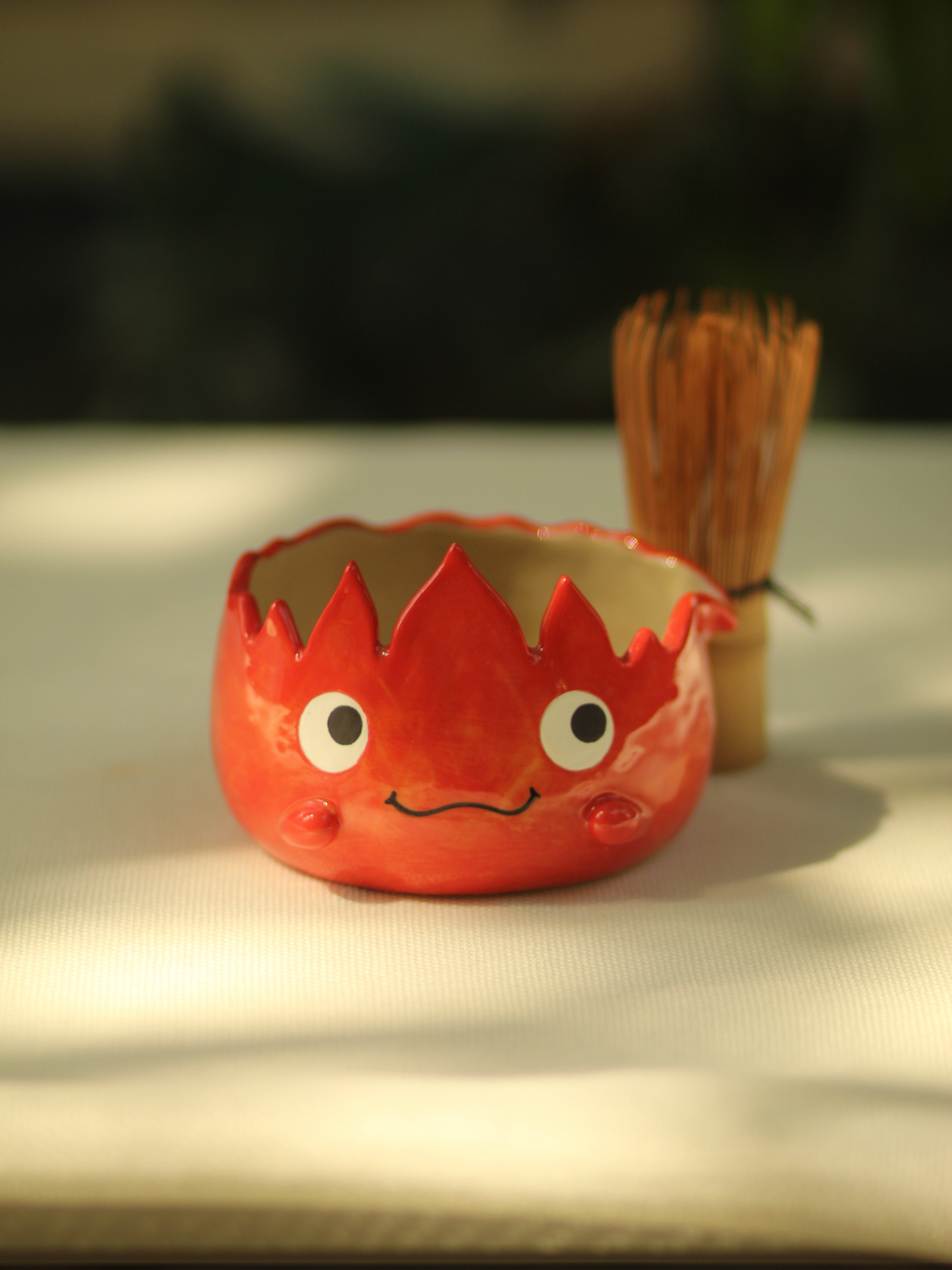 [Pre-order] Set Fire Demon Handmade Ceramic Matcha Bowl, Handbuilt Pottery, Cute Gift For Anime Fan, Unique Birthday Gift, Adorable Valentine Gift | Totto Pottery
