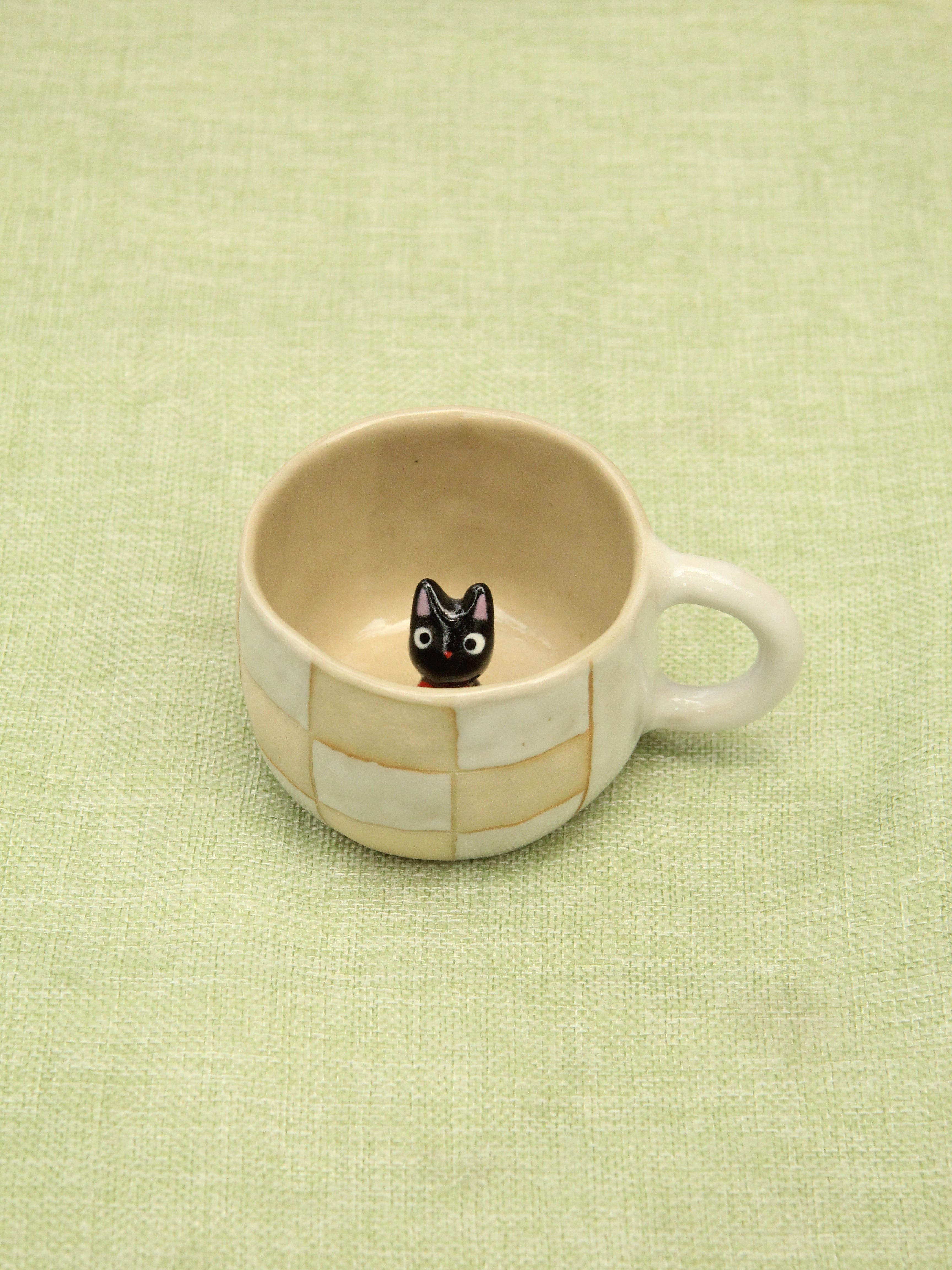 [Pre-order] Black Cat Handmade Ceramic Checkered Mug, Handbuilt Pottery, Cute Gift For Anime Fan, Unique Birthday Gift, Adorable Valentine Gift | Totto Pottery