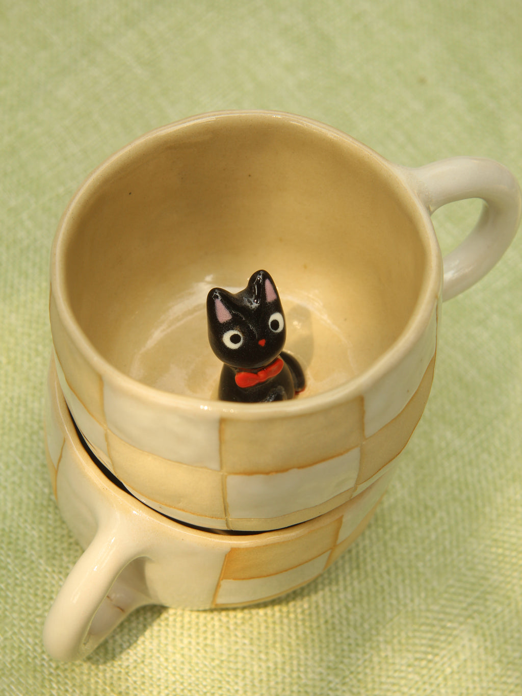 [Pre-order] Black Cat Handmade Ceramic Checkered Mug, Handbuilt Pottery, Cute Gift For Anime Fan, Unique Birthday Gift, Adorable Valentine Gift | Totto Pottery