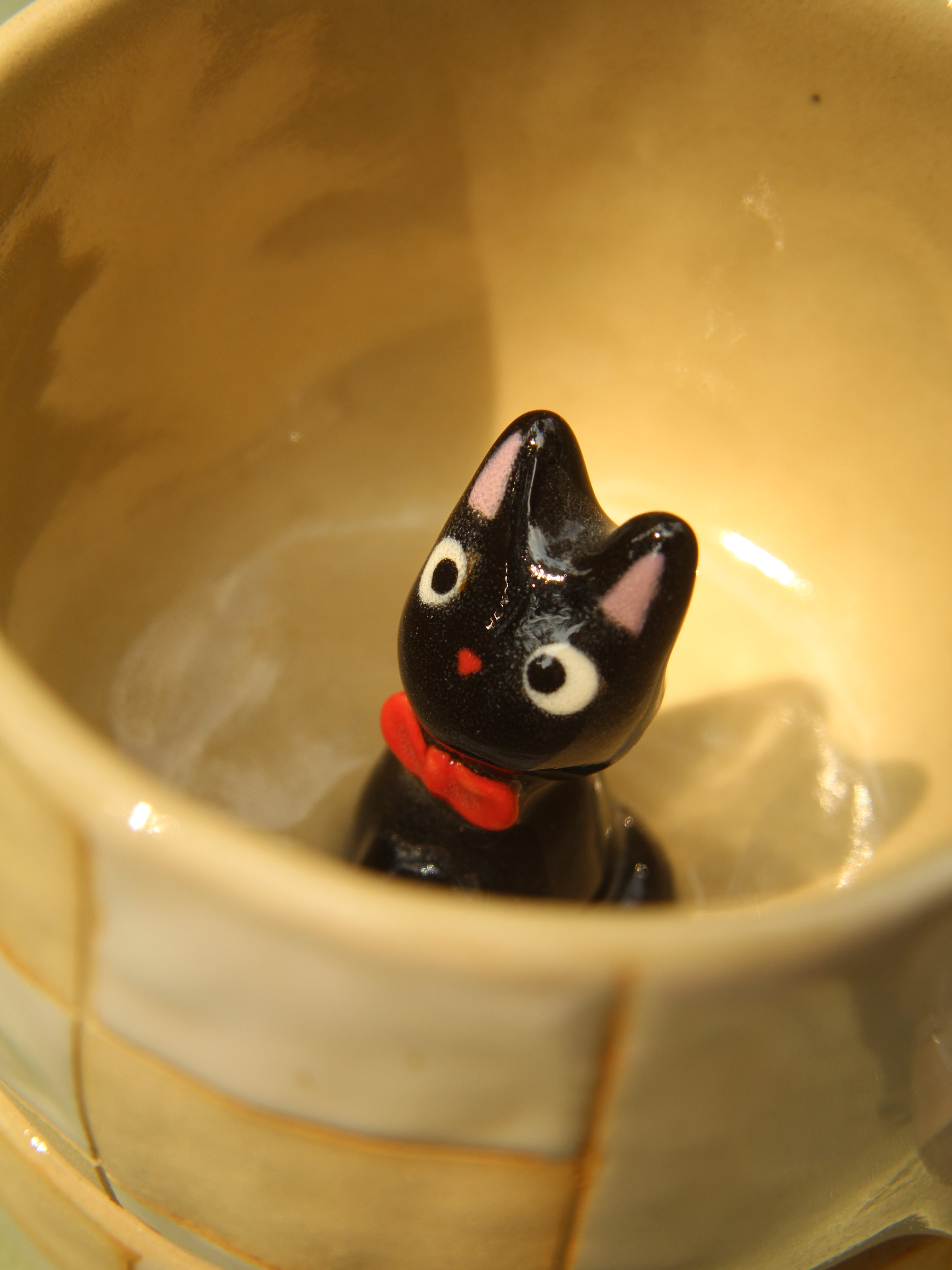 [Pre-order] Black Cat Handmade Ceramic Checkered Mug, Handbuilt Pottery, Cute Gift For Anime Fan, Unique Birthday Gift, Adorable Valentine Gift | Totto Pottery