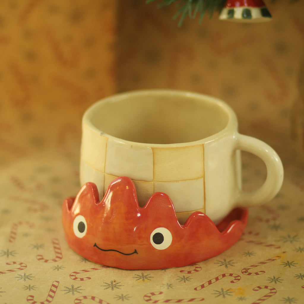 [Pre-order] Fire Demon Handmade Ceramic Coaster, Handbuilt Pottery, Cute Gift For Anime Fan, Unique Birthday Gift, Adorable Valentine Gift | Totto Pottery