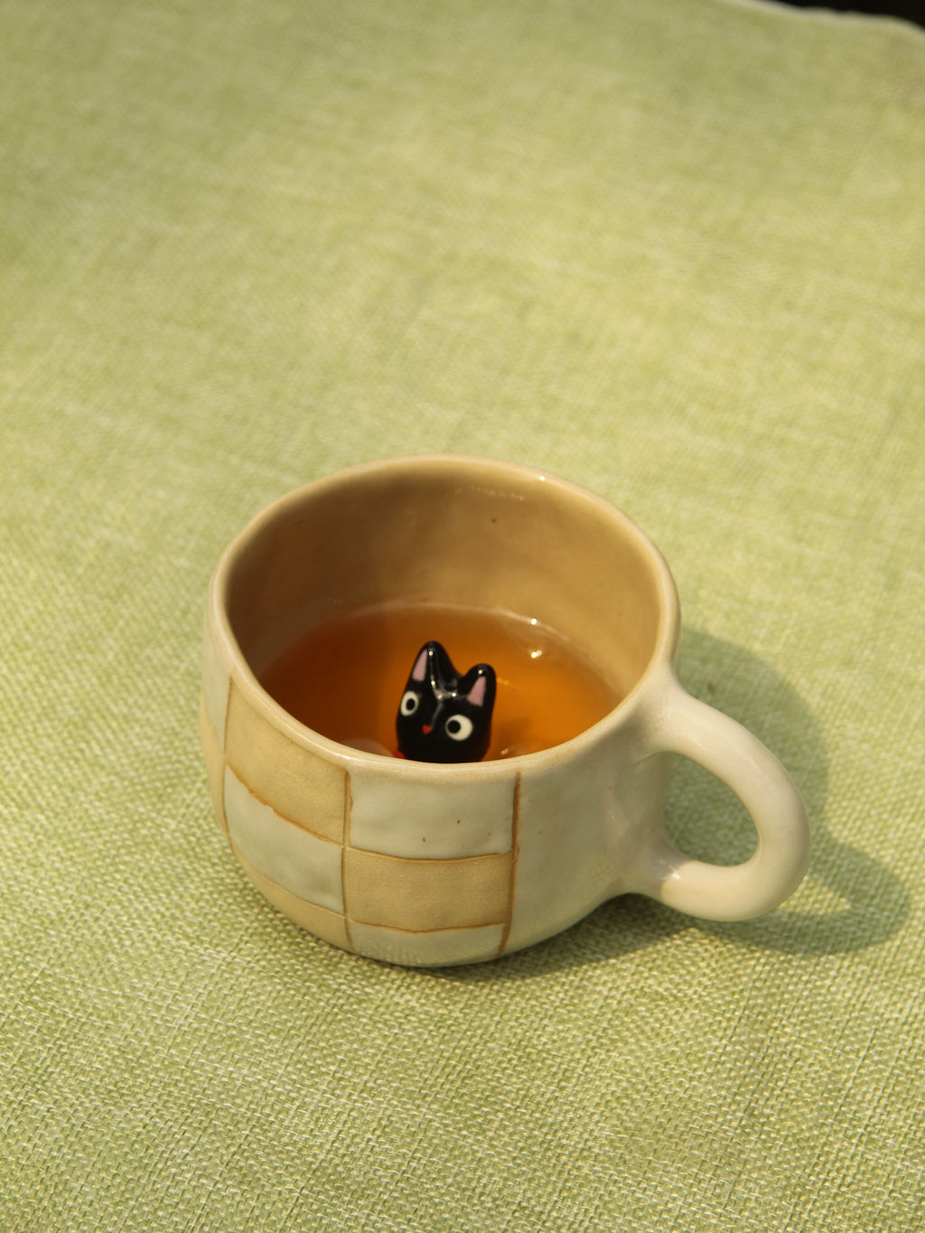[Pre-order] Black Cat Handmade Ceramic Checkered Mug, Handbuilt Pottery, Cute Gift For Anime Fan, Unique Birthday Gift, Adorable Valentine Gift | Totto Pottery