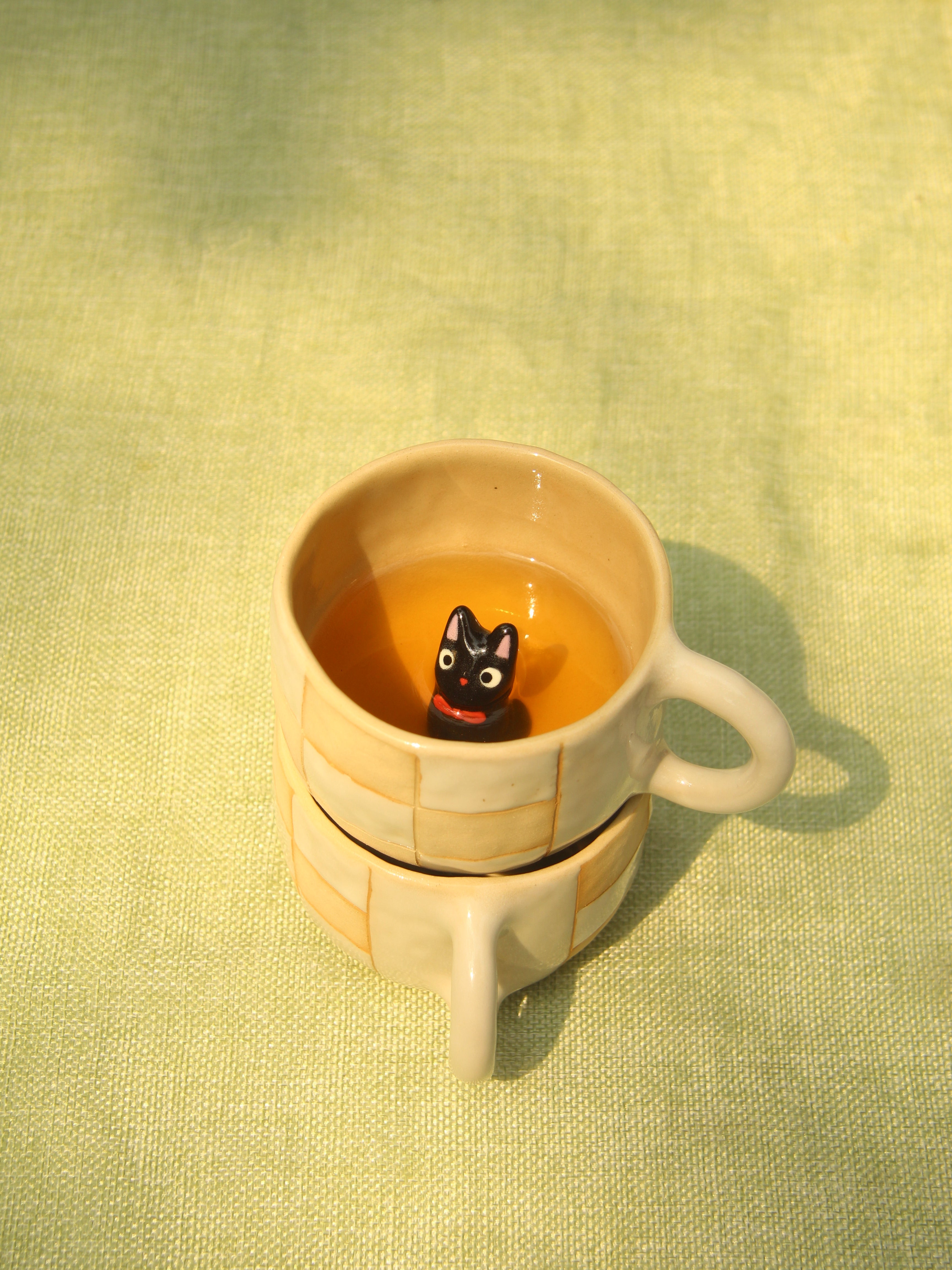 [Pre-order] Black Cat Handmade Ceramic Checkered Mug, Handbuilt Pottery, Cute Gift For Anime Fan, Unique Birthday Gift, Adorable Valentine Gift | Totto Pottery