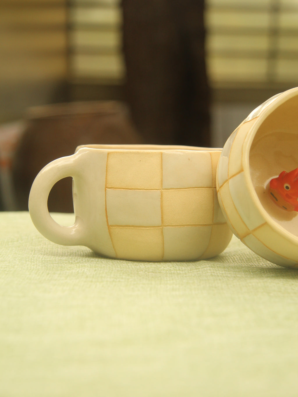 [Pre-order] Fire Demon Handmade Ceramic Checkered Mug, Handbuilt Pottery, Cute Gift For Anime Fan, Unique Birthday Gift, Adorable Valentine Gift | Totto Pottery