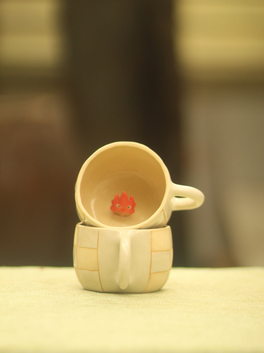 [Pre-order] Fire Demon Handmade Ceramic Checkered Mug, Handbuilt Pottery, Cute Gift For Anime Fan, Unique Birthday Gift, Adorable Valentine Gift | Totto Pottery