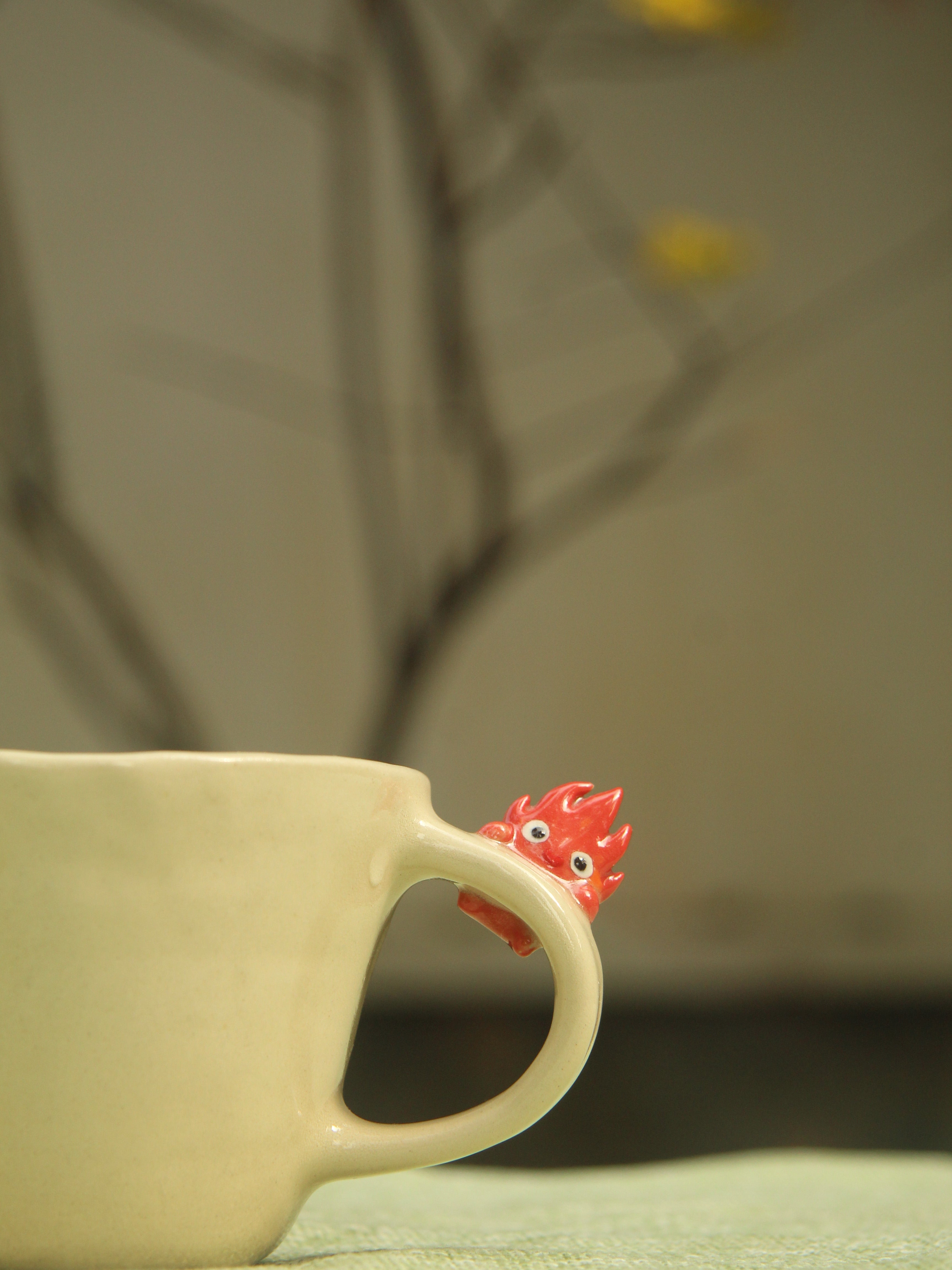 [Pre-order] Hanging Fire Demon Handmade Ceramic Handle Mug, Handbuilt Pottery, Cute Gift For Anime Fan, Unique Birthday Gift, Adorable Valentine Gift | Totto Pottery