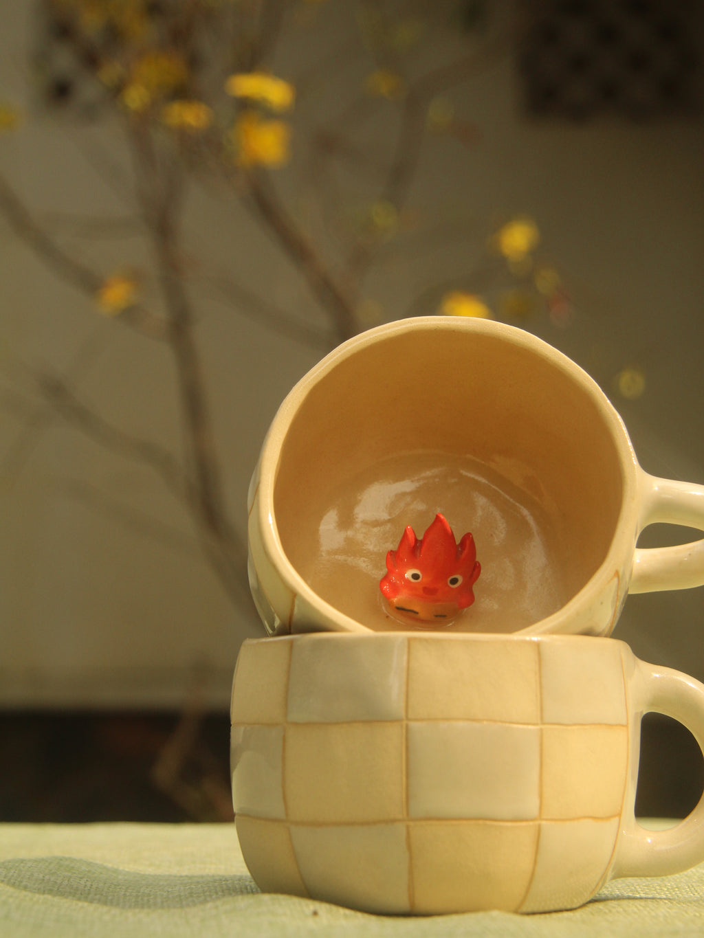 [Pre-order] Fire Demon Handmade Ceramic Checkered Mug, Handbuilt Pottery, Cute Gift For Anime Fan, Unique Birthday Gift, Adorable Valentine Gift | Totto Pottery