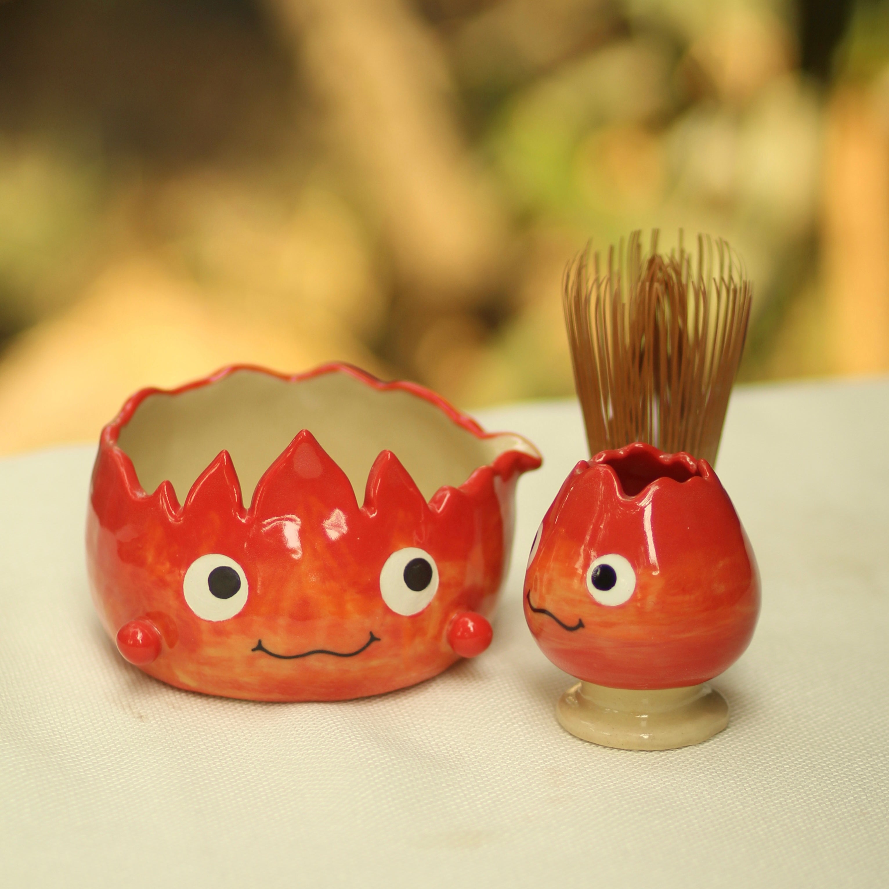 [Pre-order] Set Fire Demon Handmade Ceramic Matcha Bowl, Handbuilt Pottery, Cute Gift For Anime Fan, Unique Birthday Gift, Adorable Valentine Gift | Totto Pottery