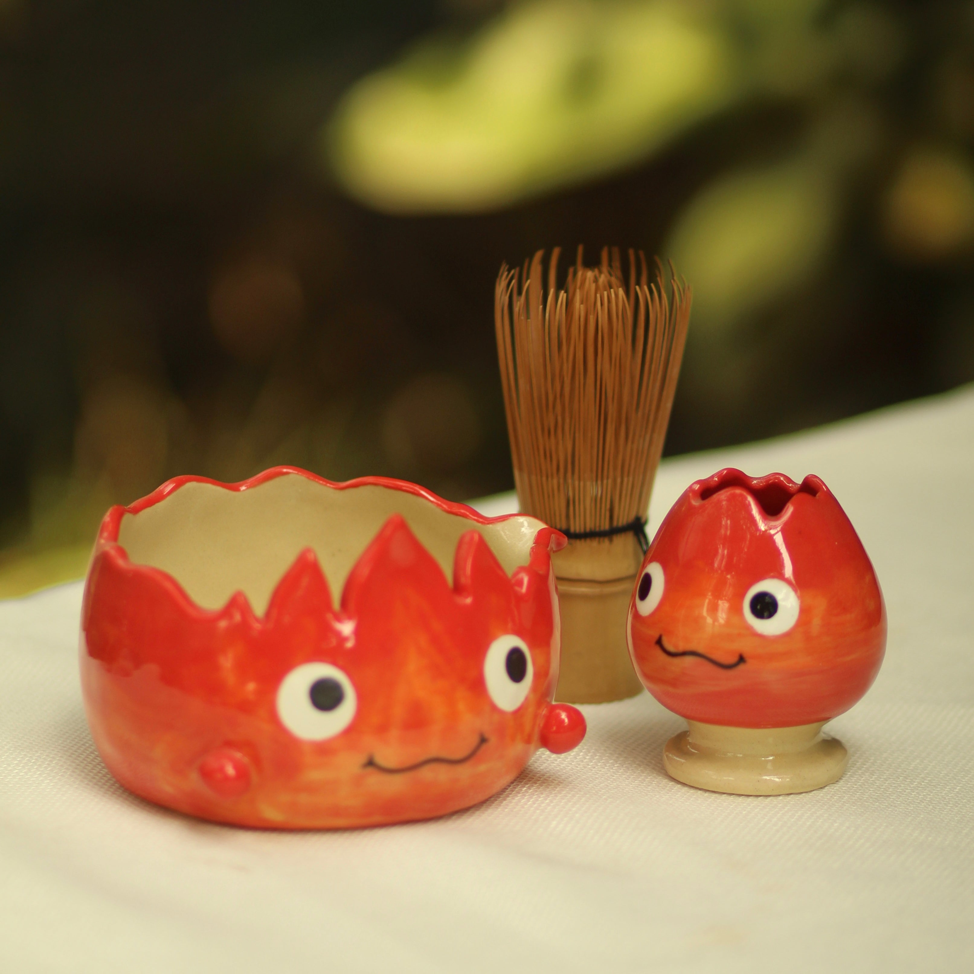 [Pre-order] Set Fire Demon Handmade Ceramic Matcha Bowl, Handbuilt Pottery, Cute Gift For Anime Fan, Unique Birthday Gift, Adorable Valentine Gift | Totto Pottery