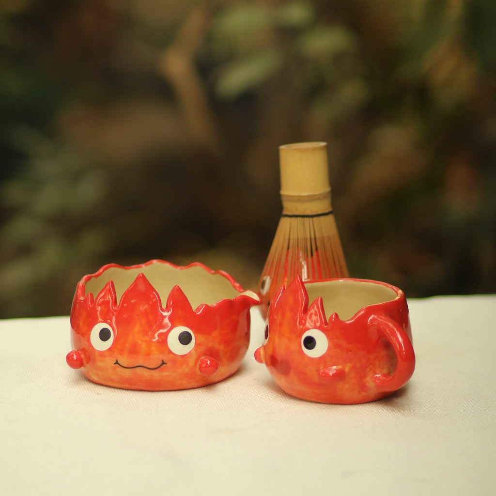 [Pre-order] Set Fire Demon Handmade Ceramic Matcha Bowl, Handbuilt Pottery, Cute Gift For Anime Fan, Unique Birthday Gift, Adorable Valentine Gift | Totto Pottery