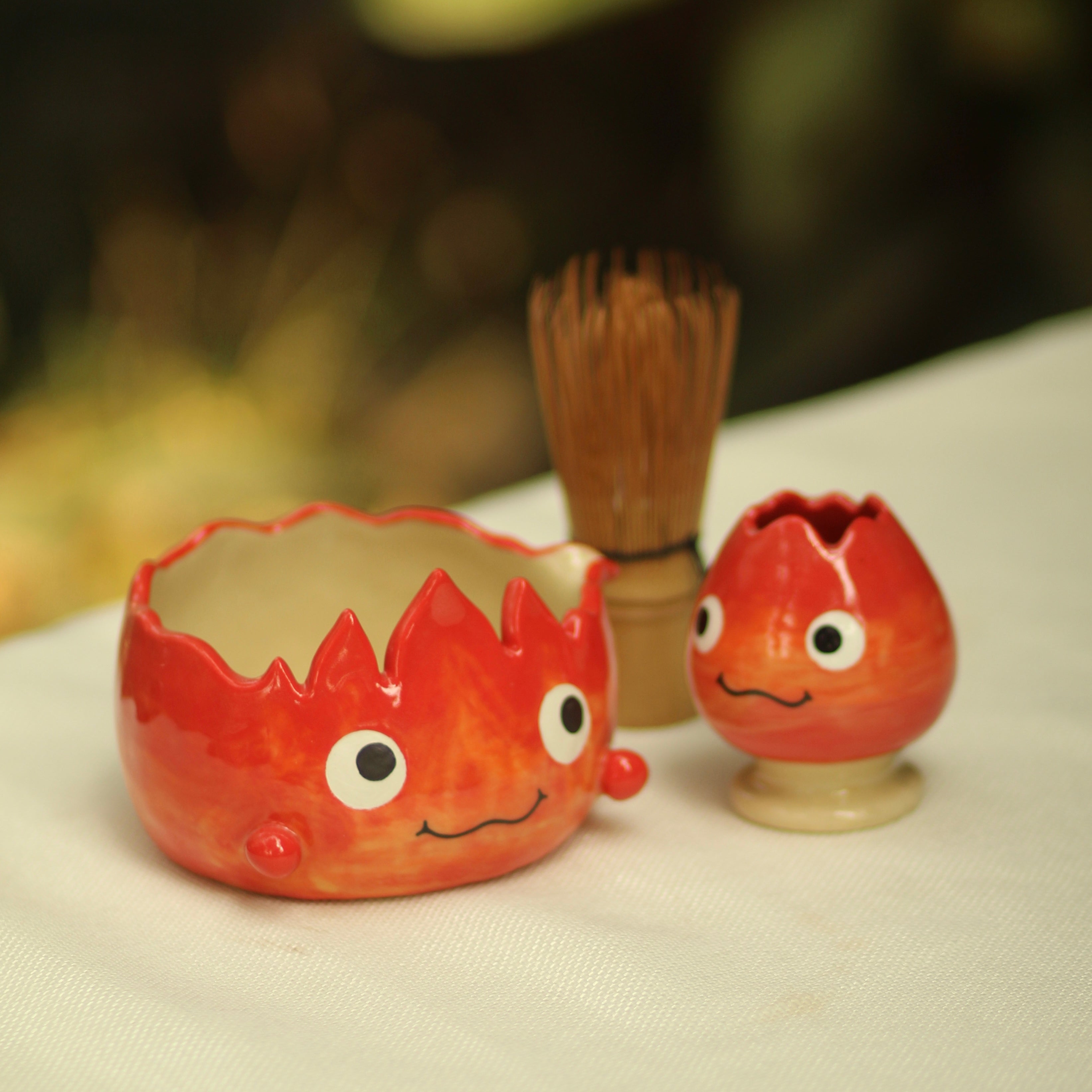 [Pre-order] Set Fire Demon Handmade Ceramic Matcha Bowl, Handbuilt Pottery, Cute Gift For Anime Fan, Unique Birthday Gift, Adorable Valentine Gift | Totto Pottery