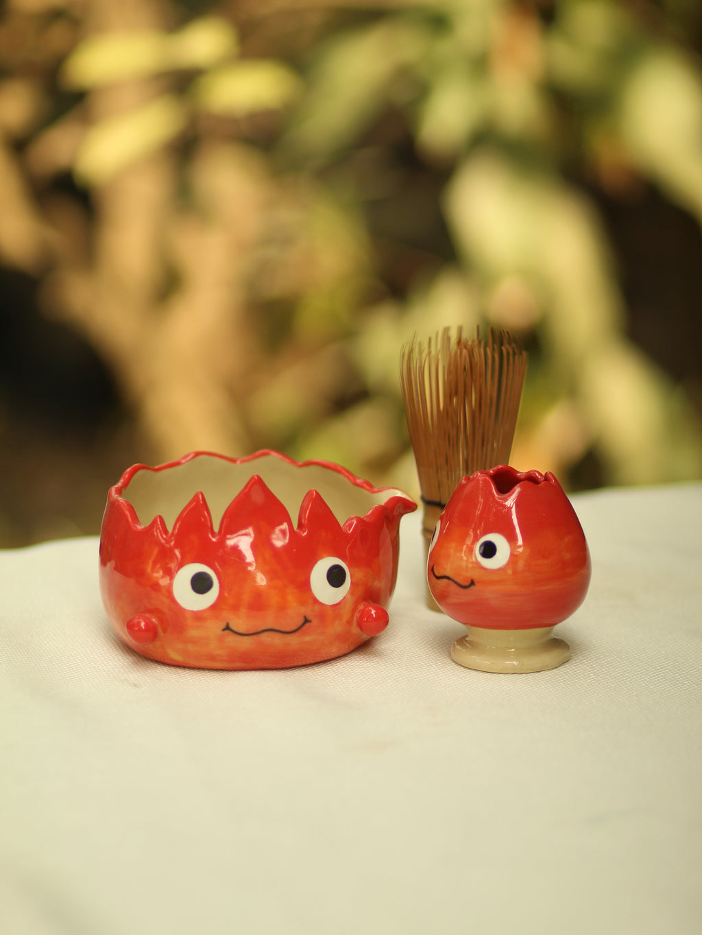 [Pre-order] Set Fire Demon Handmade Ceramic Matcha Bowl, Handbuilt Pottery, Cute Gift For Anime Fan, Unique Birthday Gift, Adorable Valentine Gift | Totto Pottery