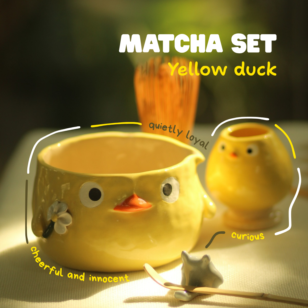 [Pre-order] Set Yellow Duck Handmade Ceramic Matcha Bowl, Handbuilt Pottery, Cute Gift For Anime Fan, Unique Birthday Gift, Adorable Valentine Gift | Totto Pottery
