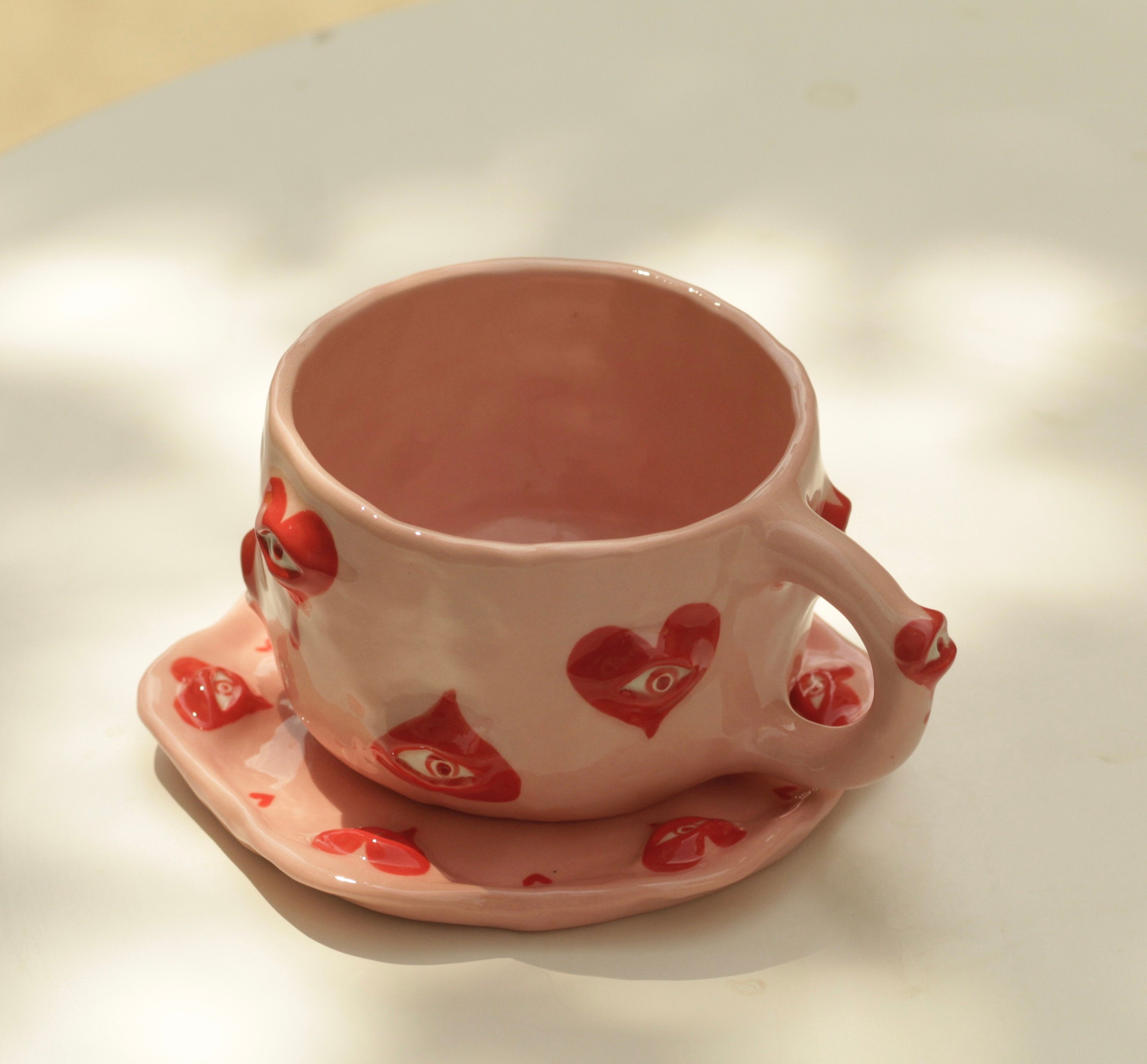 [Pre-order] Eyes Handmade Ceramic Handle Mug With Coaster, Handbuilt Pottery, Cute Gift For Anime Fan, Unique Birthday Gift, Adorable Valentine Gift | Totto Pottery