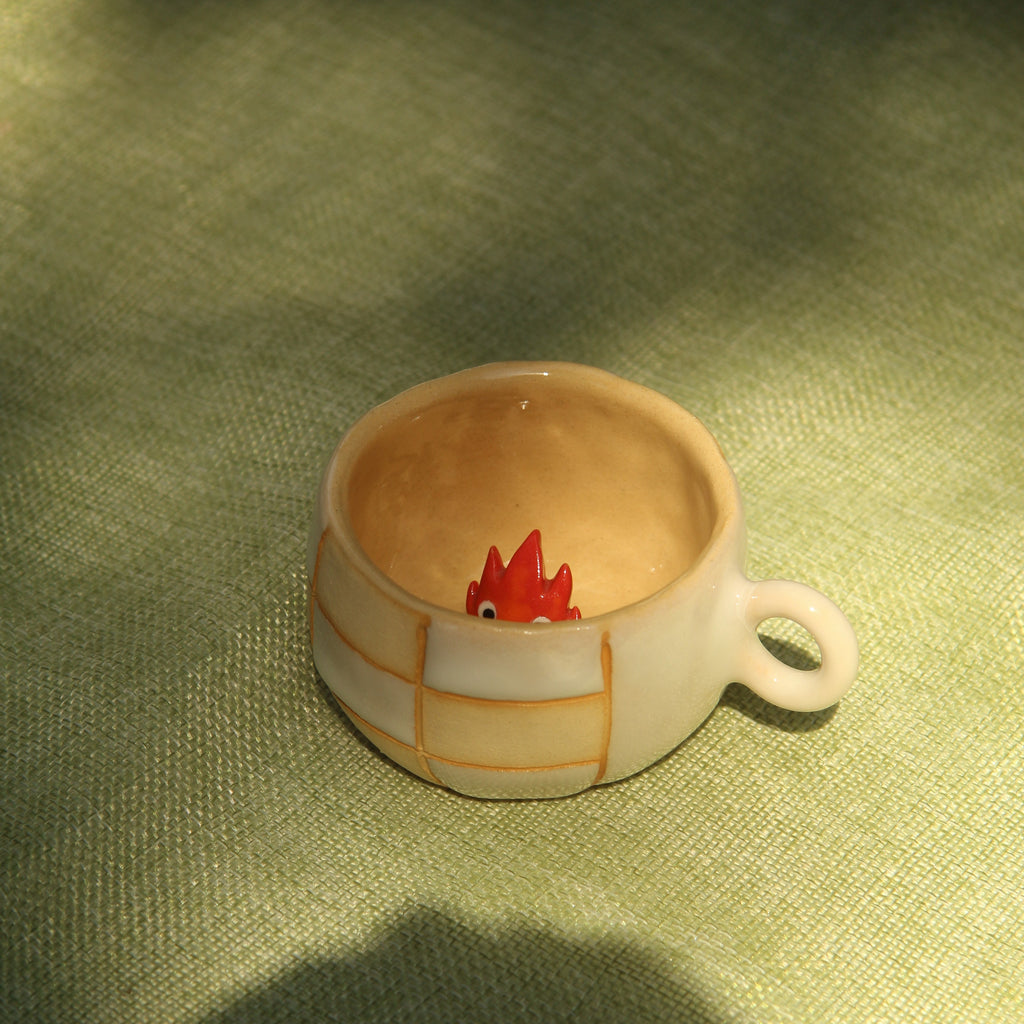 [Pre-order] Fire Demon Handmade Ceramic Checkered Espresso Cup, Handbuilt Pottery, Cute Gift For Anime Fan, Unique Birthday Gift, Adorable Valentine Gift | Totto Pottery