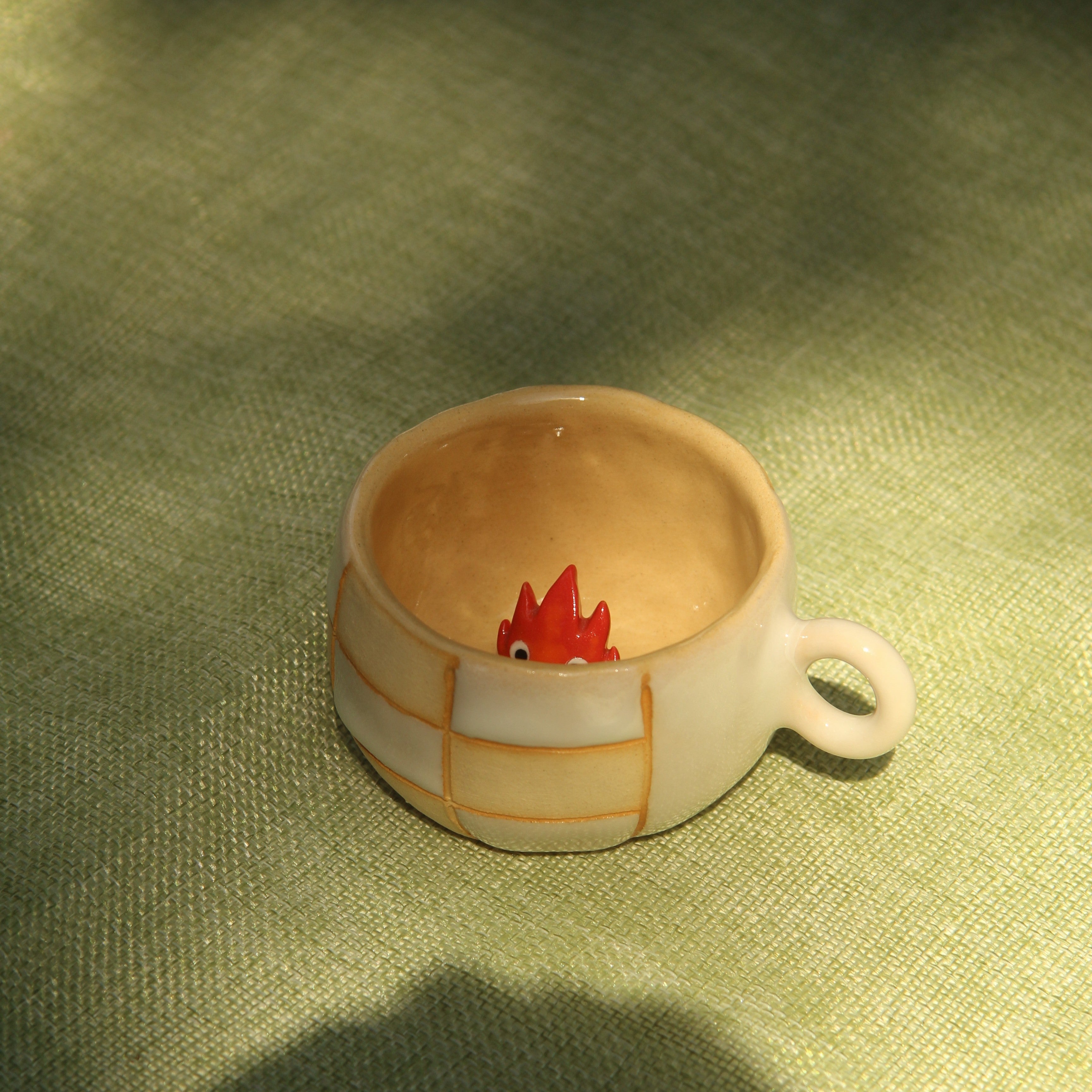 [Pre-order] Fire Demon Handmade Ceramic Checkered Espresso Cup, Handbuilt Pottery, Cute Gift For Anime Fan, Unique Birthday Gift, Adorable Valentine Gift | Totto Pottery