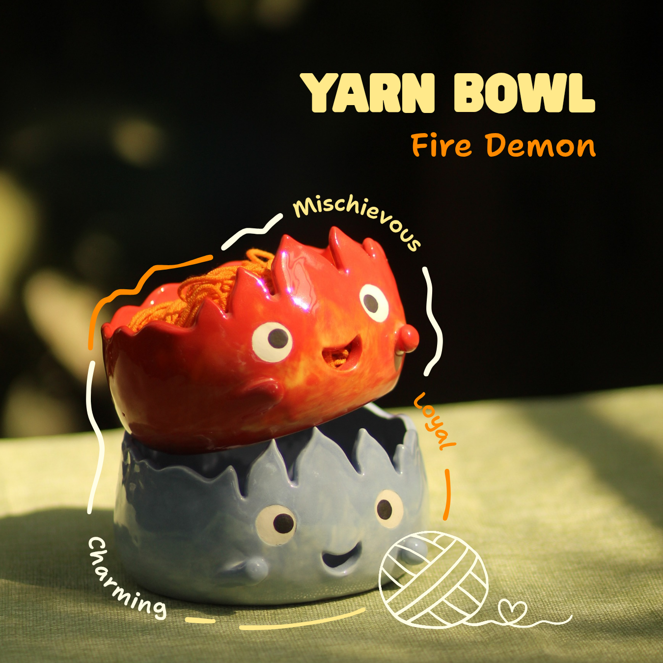 [Pre-order] Fire Demon Handmade Ceramic Yarn Bowl, Handbuilt Pottery, Cute Gift For Anime Fan, Unique Birthday Gift, Adorable Valentine Gift | Totto Pottery