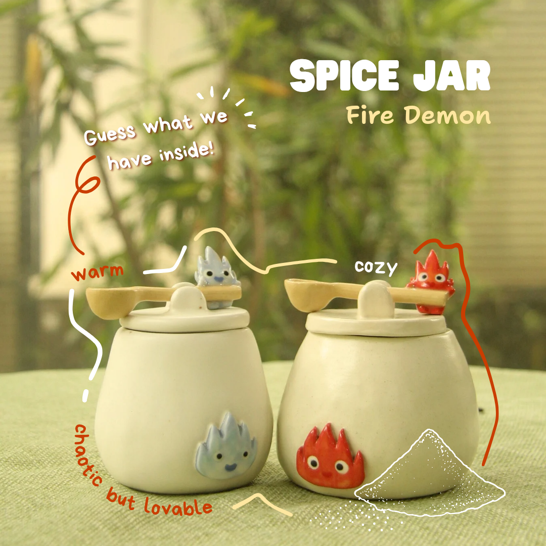 [Pre-order] Fire Demon Handmade Ceramic Spice Jar With Lid, Handbuilt Pottery, Cute Gift For Anime Fan, Unique Birthday Gift, Adorable Valentine Gift | Totto Pottery