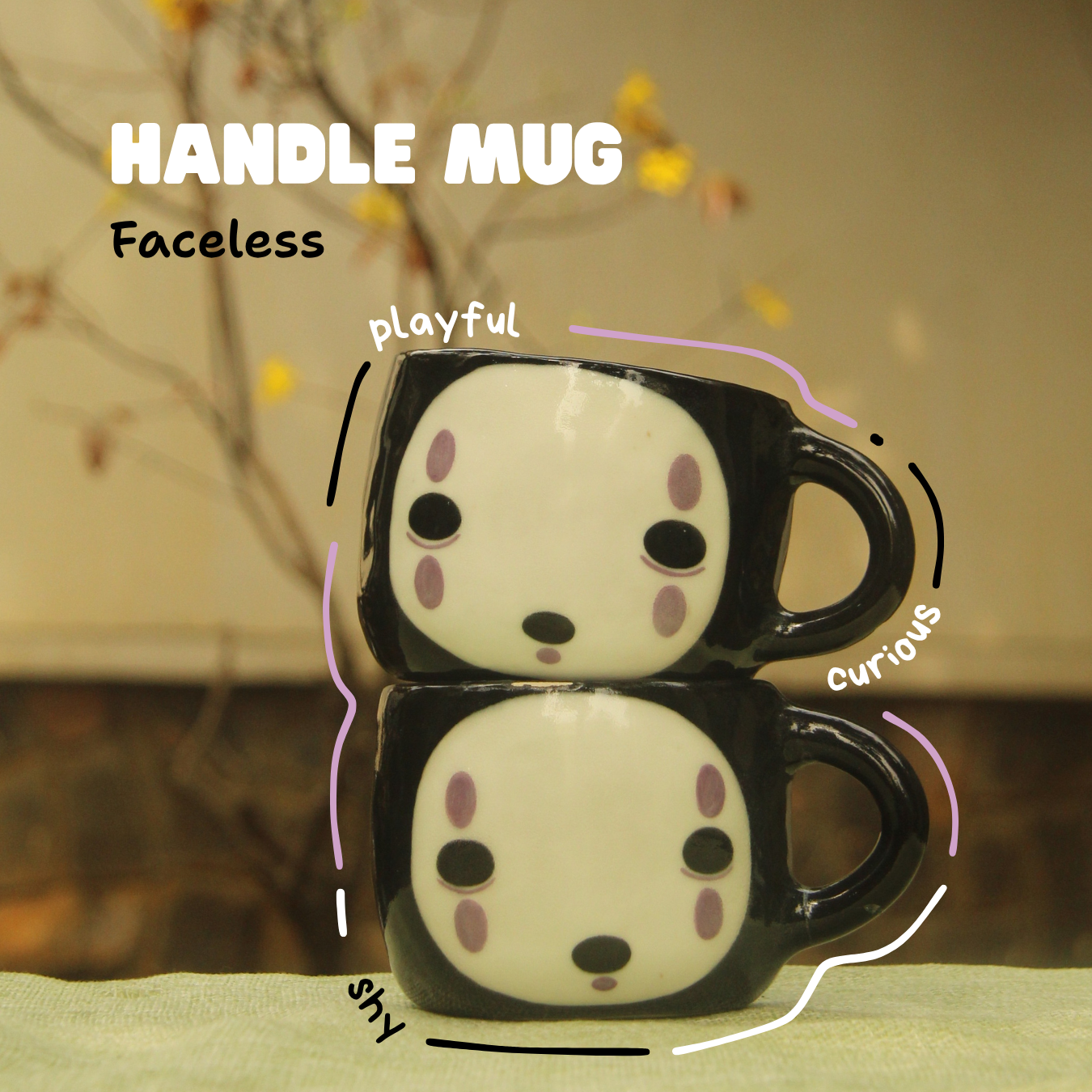 [Pre-order] Faceless Handmade Ceramic Handle Mug, Handbuilt Pottery, Cute Gift For Anime Fan, Unique Birthday Gift, Adorable Valentine Gift | Totto Pottery