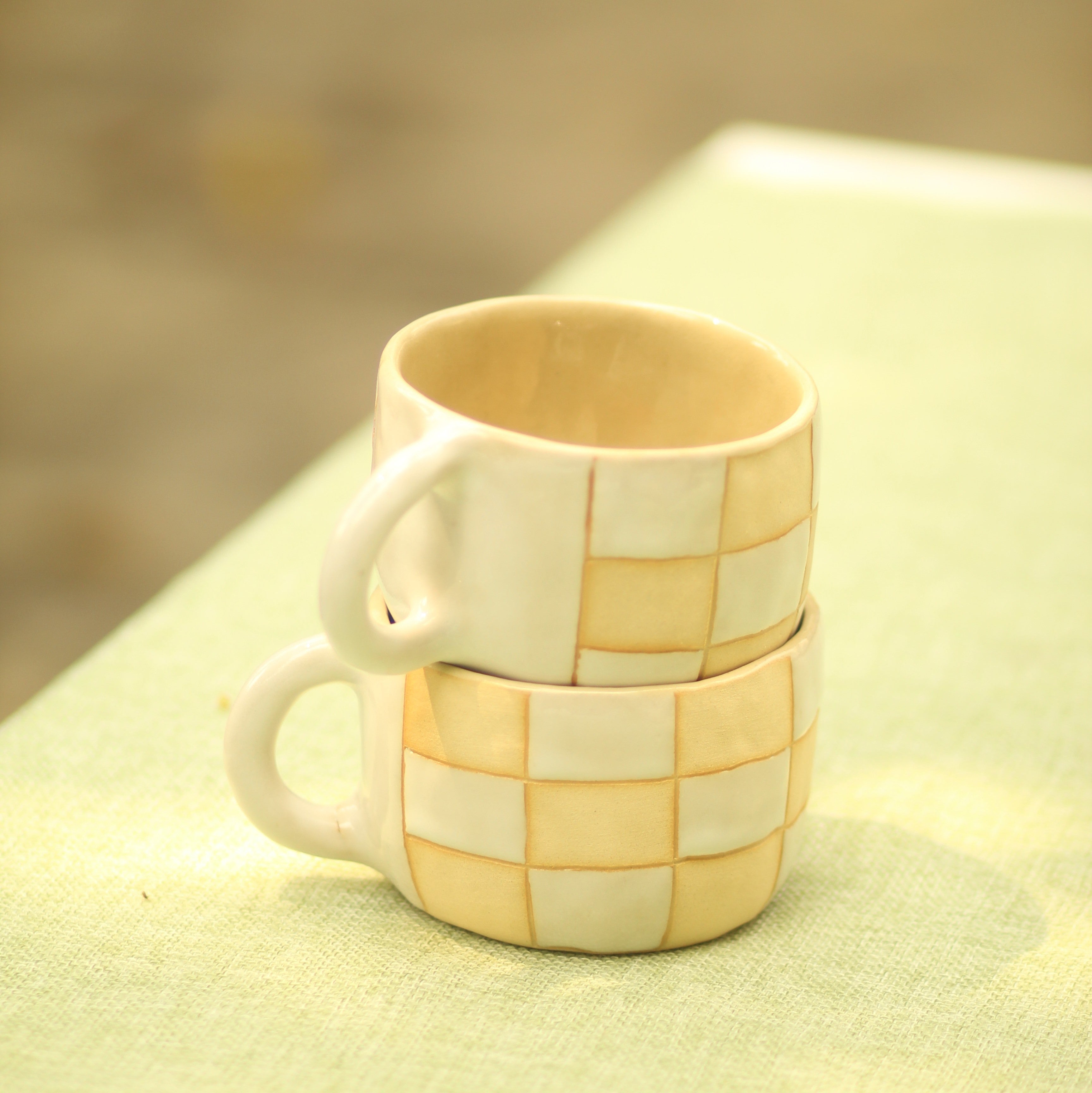 [Pre-order] Forest Spirit Handmade Ceramic Checkered Mug, Handbuilt Pottery, Cute Gift For Anime Fan, Unique Birthday Gift, Adorable Valentine Gift | Totto Pottery