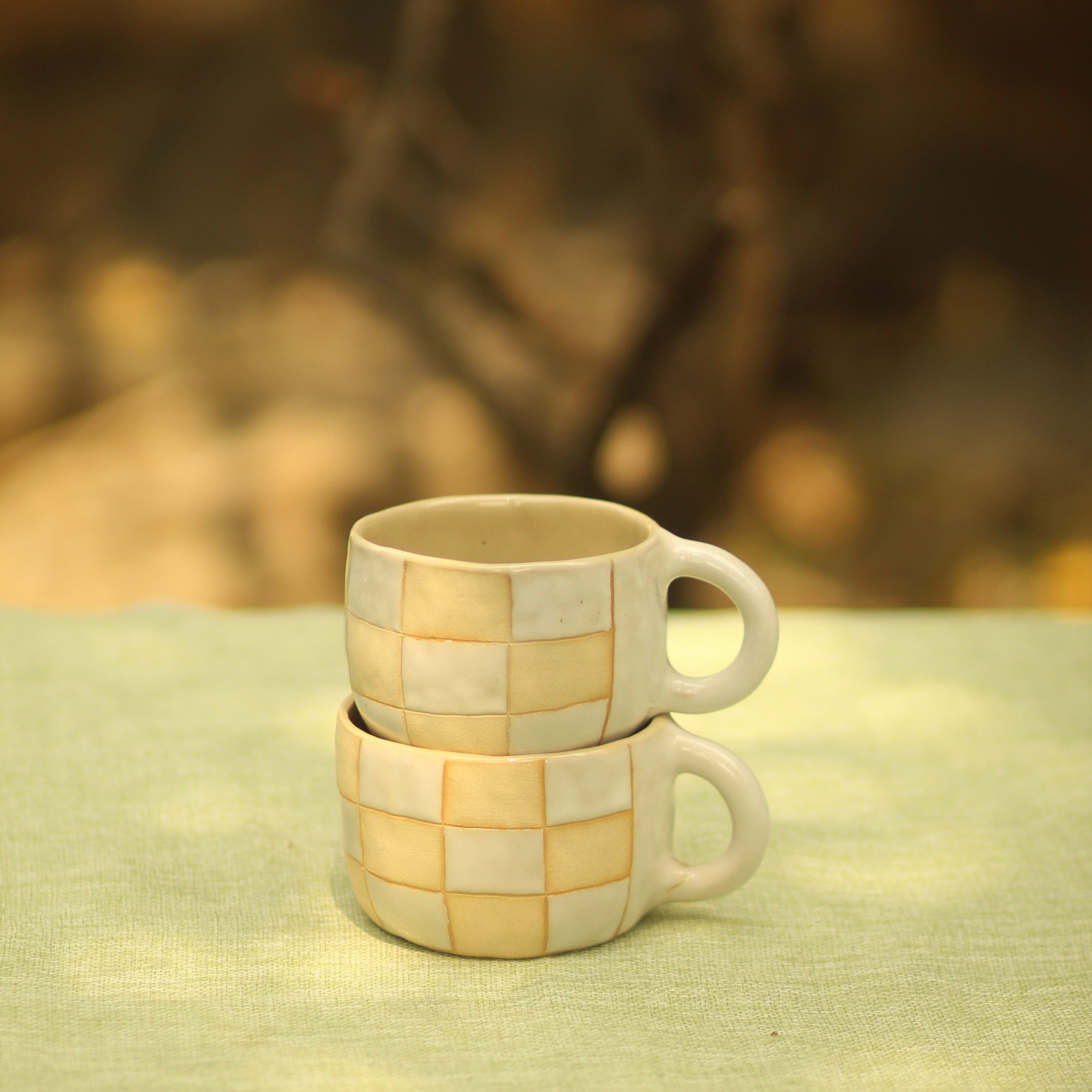[Pre-order] Faceless Handmade Ceramic Checkered Mug, Handbuilt Pottery, Cute Gift For Anime Fan, Unique Birthday Gift, Adorable Valentine Gift | Totto Pottery