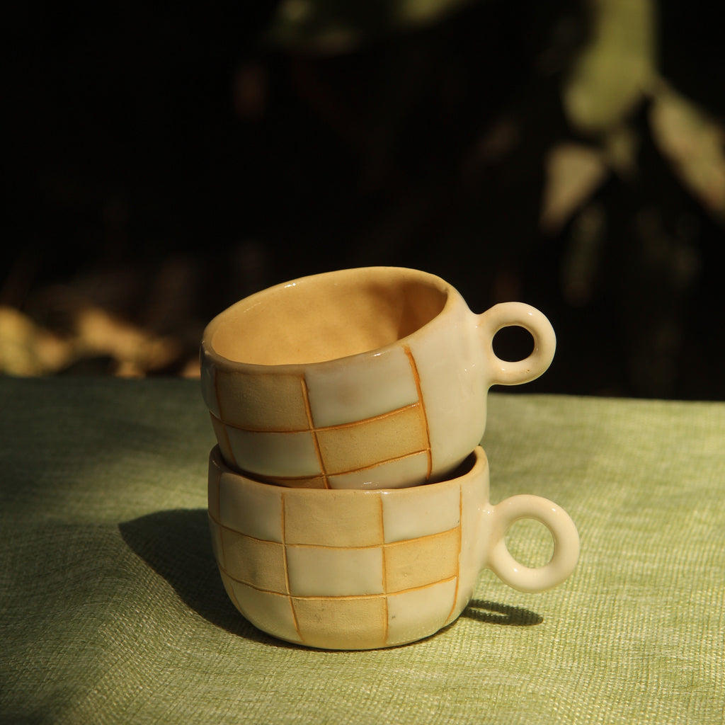 [Pre-order] Fire Demon Handmade Ceramic Checkered Espresso Cup, Handbuilt Pottery, Cute Gift For Anime Fan, Unique Birthday Gift, Adorable Valentine Gift | Totto Pottery