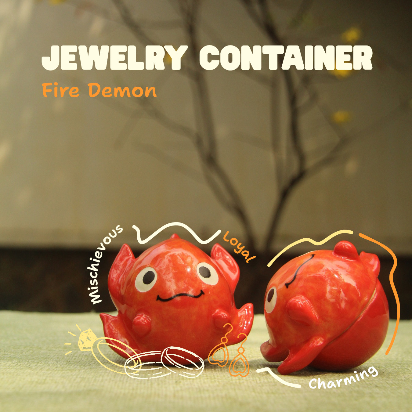 [Pre-order] Fire Demon Handmade Ceramic Jewelry Container With Lid, Handbuilt Pottery, Cute Gift For Anime Fan, Unique Birthday Gift, Adorable Valentine Gift | Totto Pottery