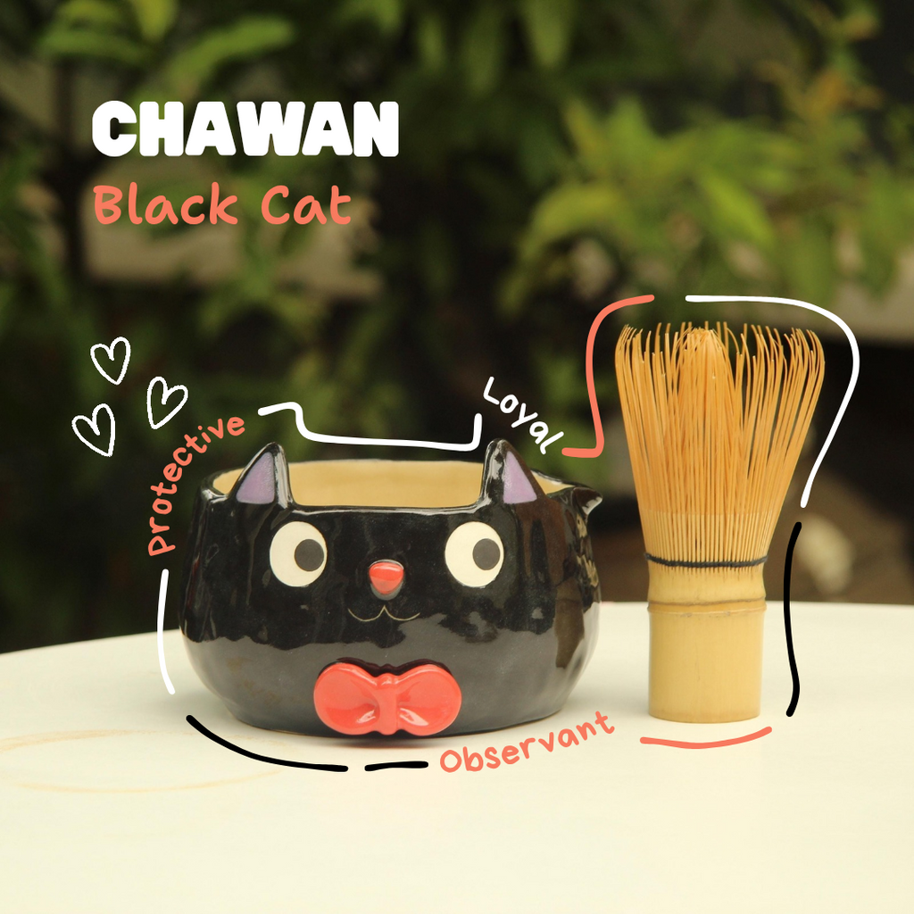[Pre-order] Black Cat Handmade Ceramic Matcha Bowl, Handbuilt Pottery, Cute Gift For Anime Fan, Unique Birthday Gift, Adorable Valentine Gift | Totto Pottery