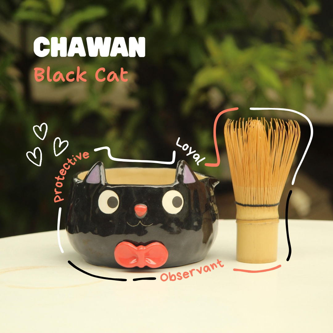 [Pre-order] Black Cat Handmade Ceramic Matcha Bowl, Handbuilt Pottery, Cute Gift For Anime Fan, Unique Birthday Gift, Adorable Valentine Gift | Totto Pottery