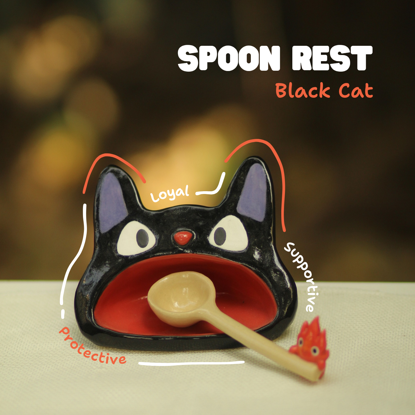 [Pre-order] Black Cat Handmade Ceramic Spoon Rest, Handbuilt Pottery, Cute Gift For Anime Fan, Unique Birthday Gift, Adorable Valentine Gift | Totto Pottery