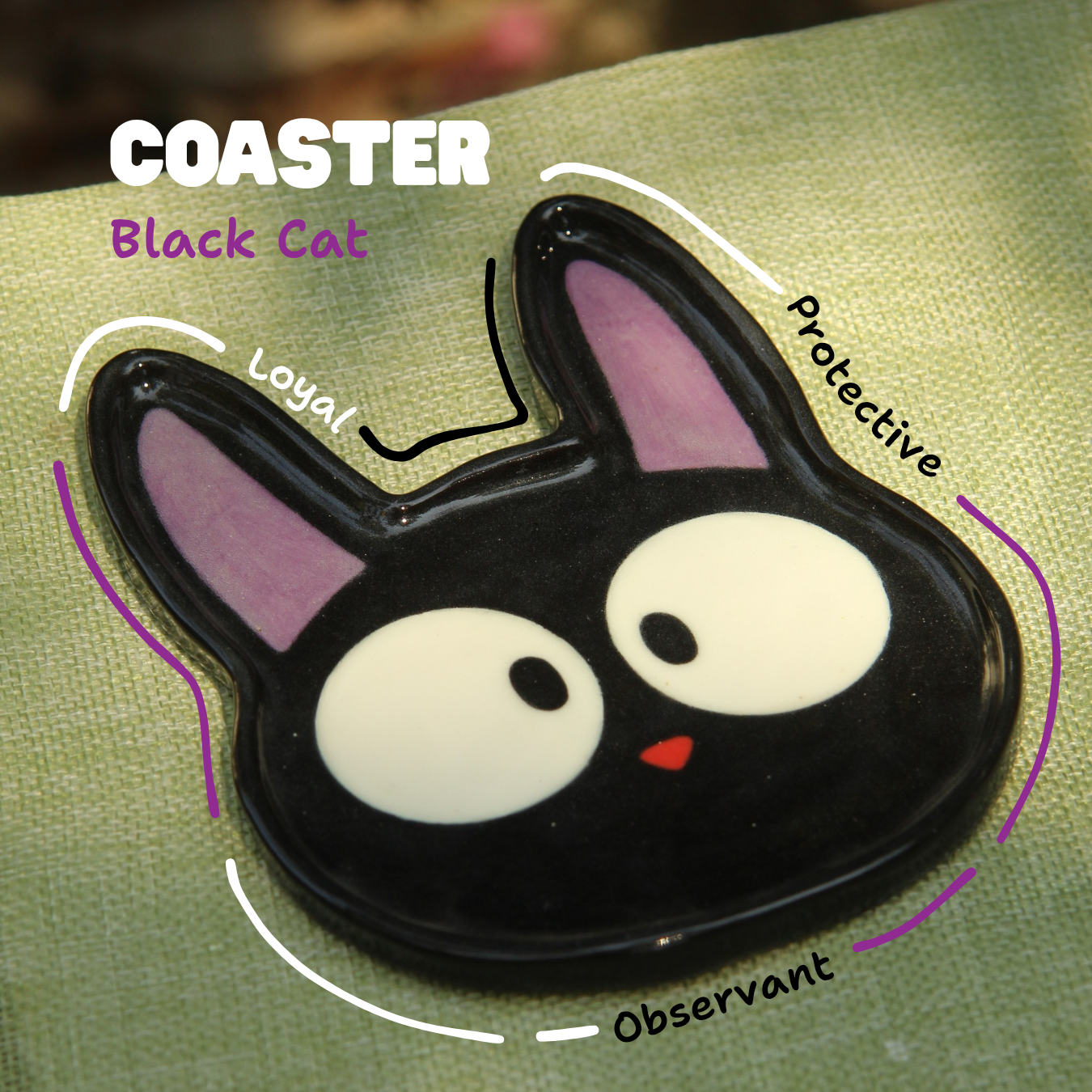 [Pre-order] Black Cat Handmade Ceramic Coaster, Handbuilt Pottery, Cute Gift For Anime Fan, Unique Birthday Gift, Adorable Valentine Gift | Totto Pottery