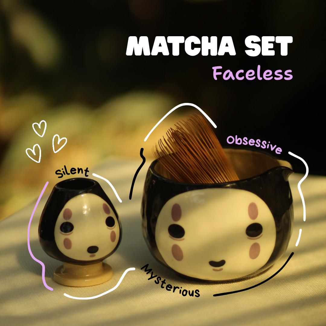 [Pre-order] Set Faceless Handmade Ceramic Matcha Bowl, Handbuilt Pottery, Cute Gift For Anime Fan, Unique Birthday Gift, Adorable Valentine Gift | Totto Pottery