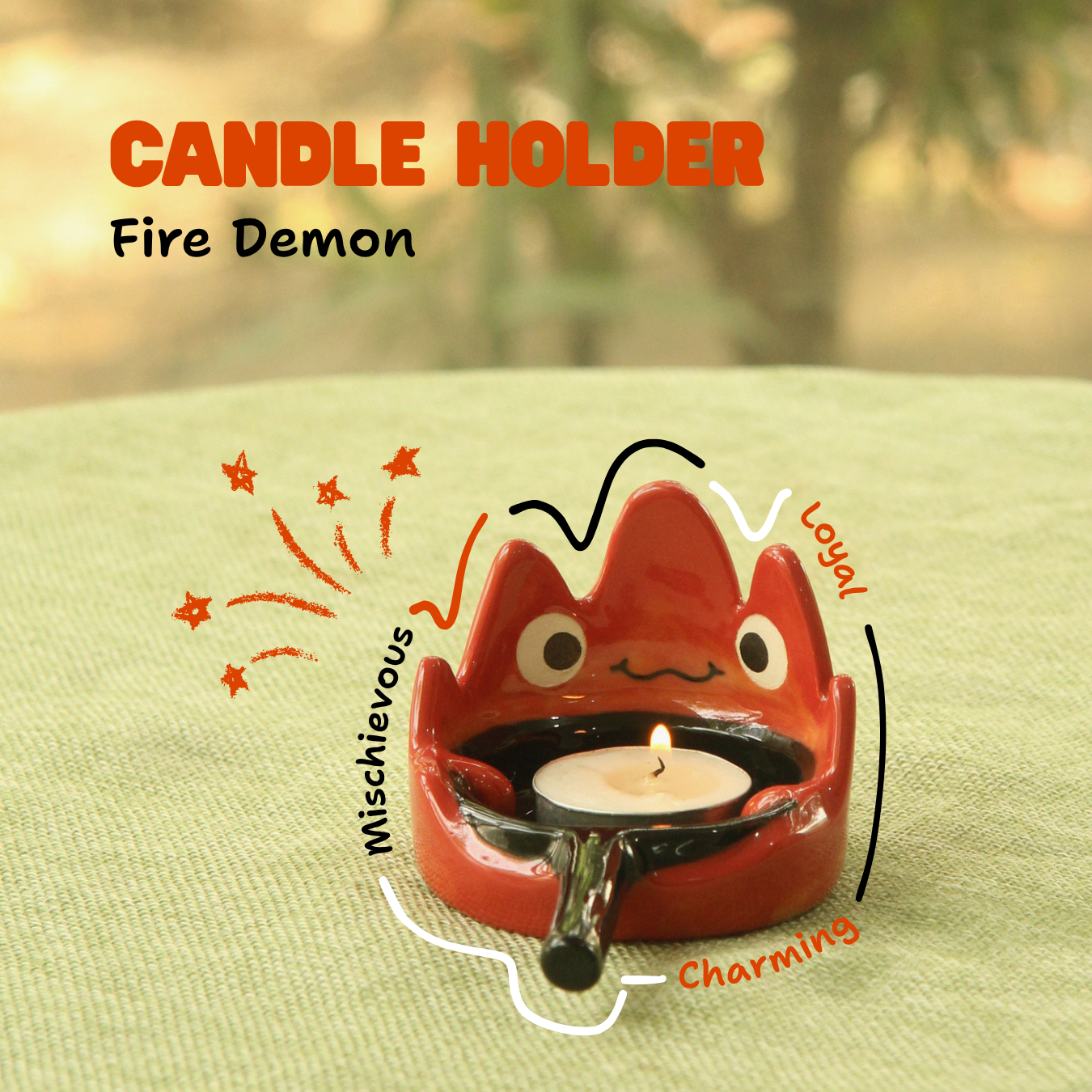 [Pre-order] Fire Demon Handmade Ceramic Candle Holder, Handbuilt Pottery, Cute Gift For Anime Fan, Unique Birthday Gift, Adorable Valentine Gift | Totto Pottery