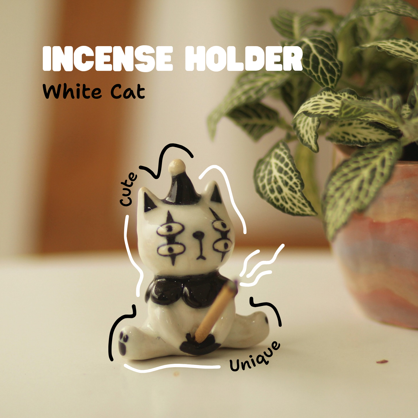 [Pre-order] White Cat Handmade Ceramic Incense Holder, Handbuilt Pottery, Cute Gift For Anime Fan, Unique Birthday Gift, Adorable Valentine Gift | Totto Pottery