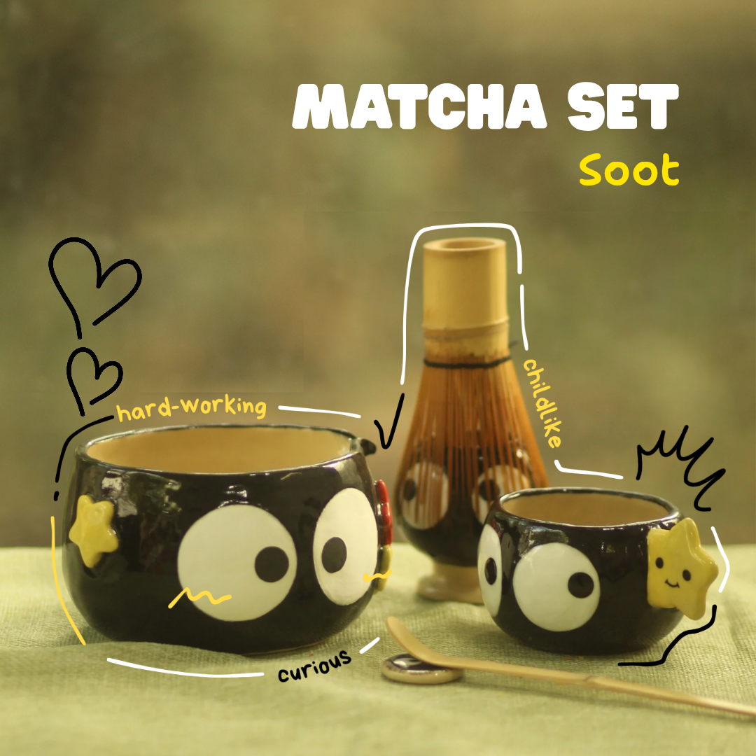 [Pre-order] Set Soot Handmade Ceramic Matcha Bowl, Handbuilt Pottery, Cute Gift For Anime Fan, Unique Birthday Gift, Adorable Valentine Gift | Totto Pottery