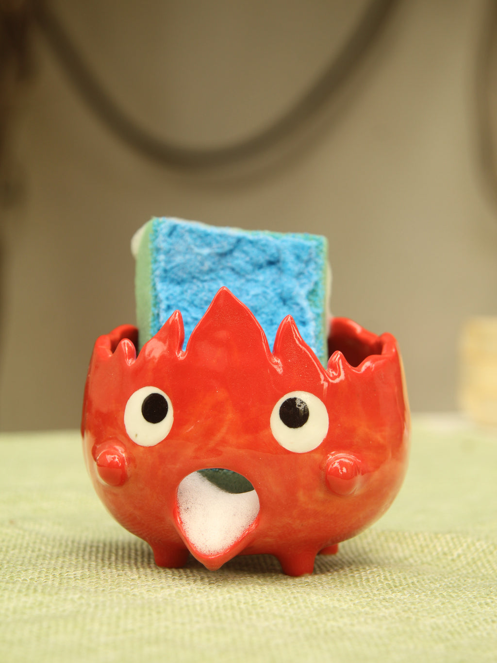 [Pre-order] Fire Demon Handmade Ceramic Sponge Holder, Handbuilt Pottery, Cute Gift For Anime Fan, Unique Birthday Gift, Adorable Valentine Gift | Totto Pottery