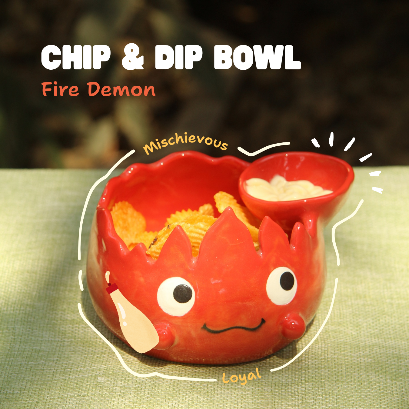 [Pre-order] Fire Demon Handmade Ceramic Chip & Dip Bowl, Handbuilt Pottery, Cute Gift For Anime Fan, Unique Birthday Gift, Adorable Valentine Gift | Totto Pottery