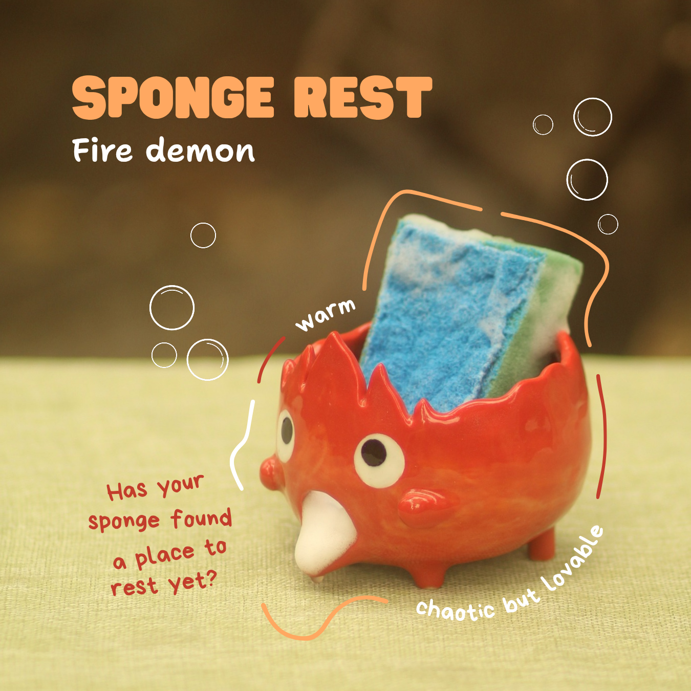 [Pre-order] Fire Demon Handmade Ceramic Sponge Holder, Handbuilt Pottery, Cute Gift For Anime Fan, Unique Birthday Gift, Adorable Valentine Gift | Totto Pottery