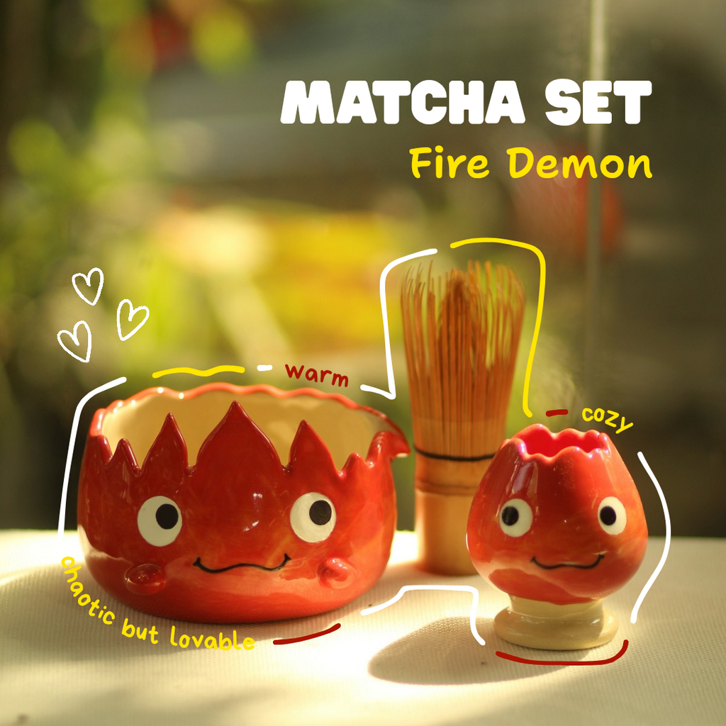 [Pre-order] Set Fire Demon Handmade Ceramic Matcha Bowl, Handbuilt Pottery, Cute Gift For Anime Fan, Unique Birthday Gift, Adorable Valentine Gift | Totto Pottery
