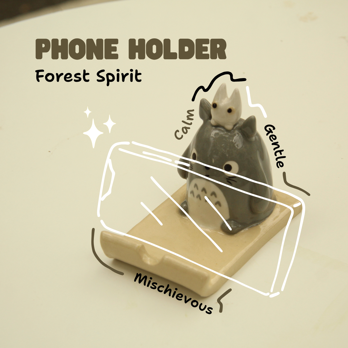 [Pre-order] Forest Spirit Handmade Ceramic Phone Stand, Handbuilt Pottery, Cute Gift For Anime Fan, Unique Birthday Gift, Adorable Valentine Gift | Totto Pottery