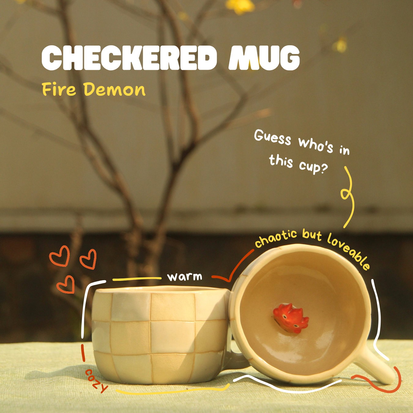 [Pre-order] Fire Demon Handmade Ceramic Checkered Mug, Handbuilt Pottery, Cute Gift For Anime Fan, Unique Birthday Gift, Adorable Valentine Gift | Totto Pottery