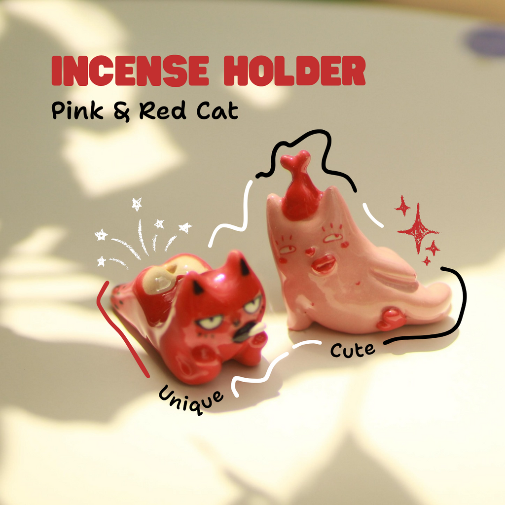 [Pre-order] Pink & Red Cat Handmade Ceramic Incense Holder, Handbuilt Pottery, Cute Gift For Anime Fan, Unique Birthday Gift, Adorable Valentine Gift | Totto Pottery